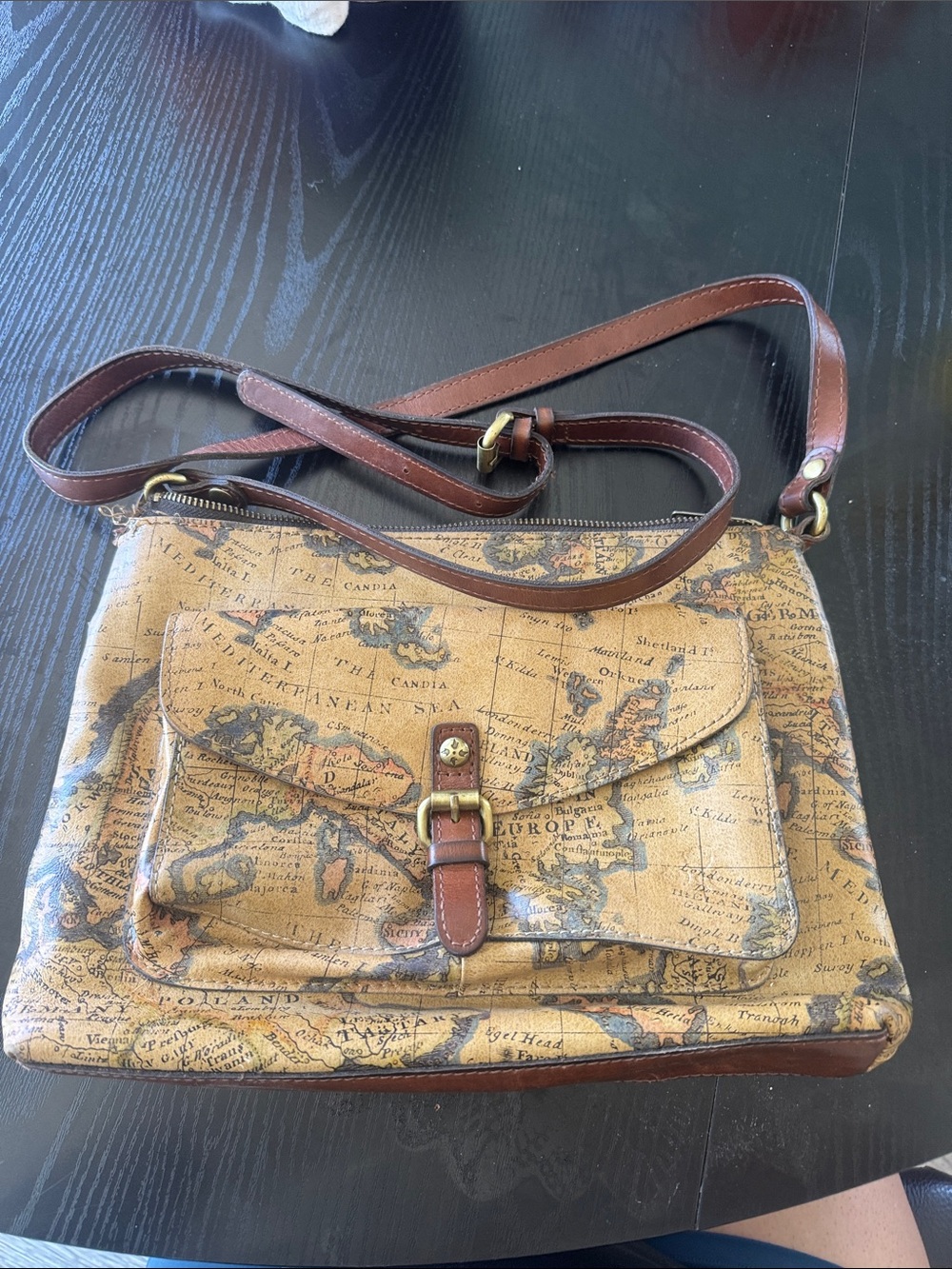 Patricia Nash Map-Print Crossbody with Brown Leather Trim